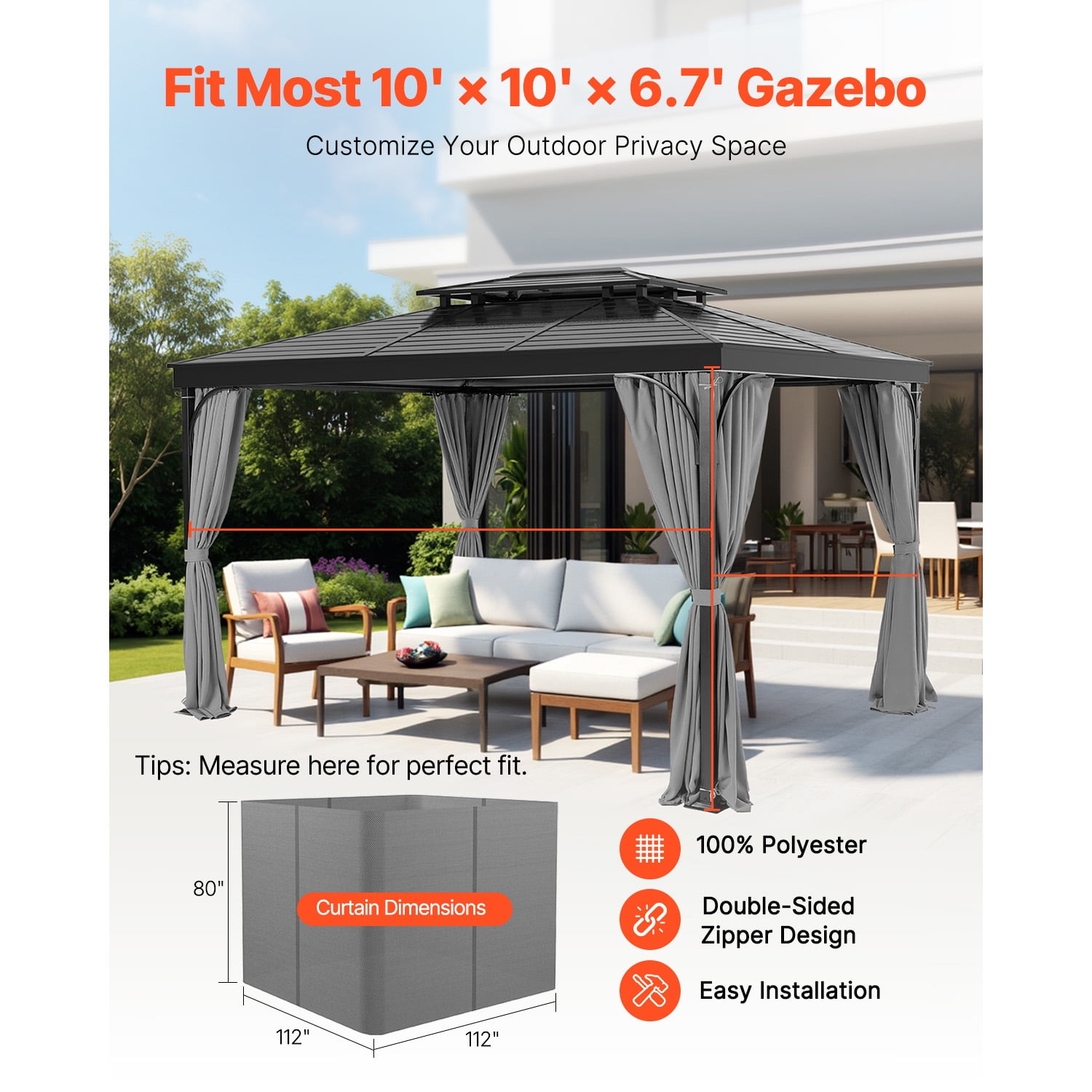 KFFKFF Outdoor Gazebo Privacy Curtains, Compatible with Most 10' x 10' x 6.7' Structures, 4-Panel Sidewalls with Zippers, 6.7' Tall Replacement Curtains for Patio Canopies, Gray, Curtain Only