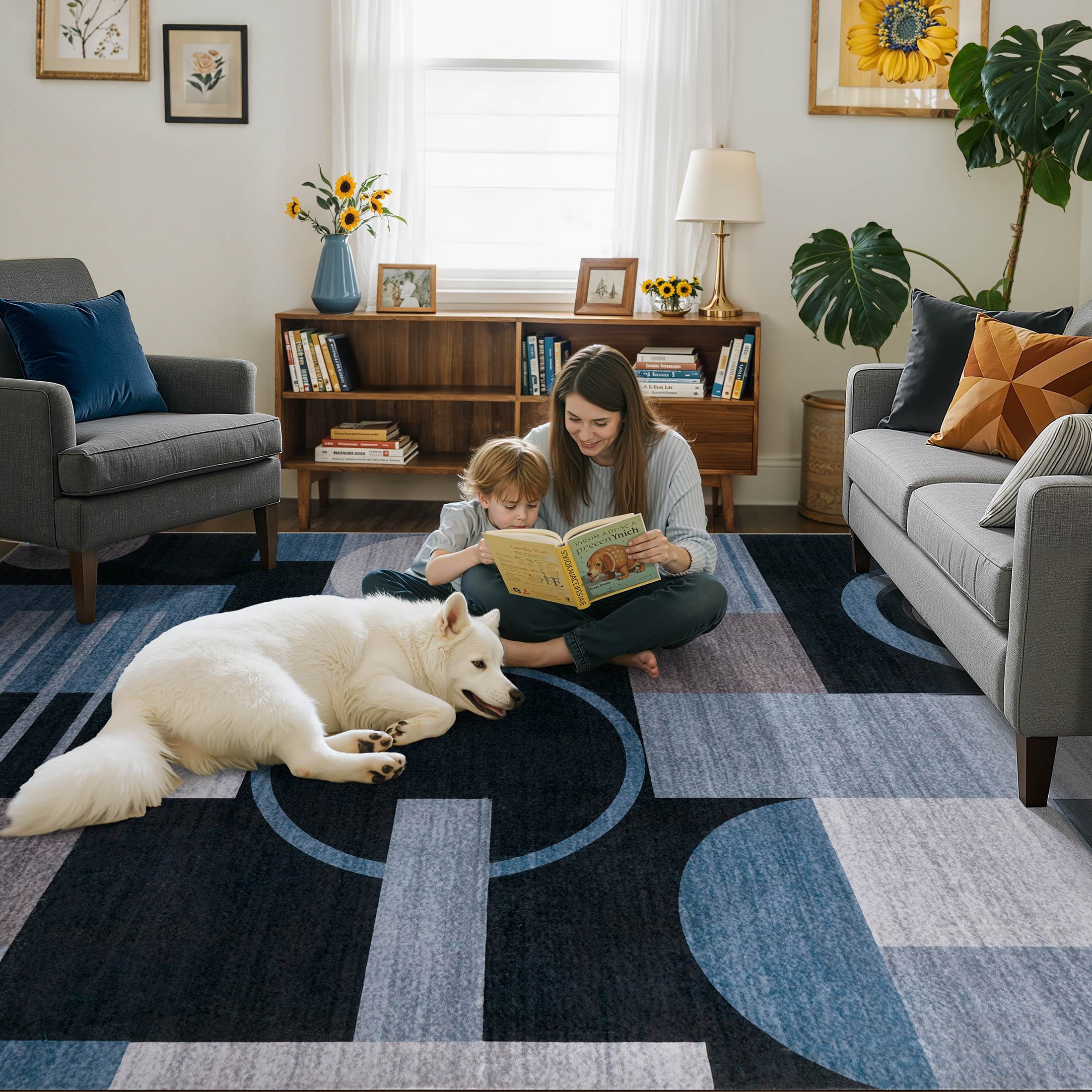 MICGEEK 5x7 Washable Area Rugs for Living Room, Modern Geometric Printed Rug, Vacuum-Friendly, Non Slip Indoor Rug for Bedroom Dining Room Home Decor Carpet, Charcoal Blue