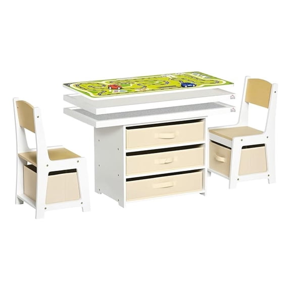 3-in-1 Kids Activity Table and Chairs Set with 3 Surfaces for Drawing, Building, Road Map with 2 Cars, Storage Baskets, Toddler Activity Table for Preschool Children