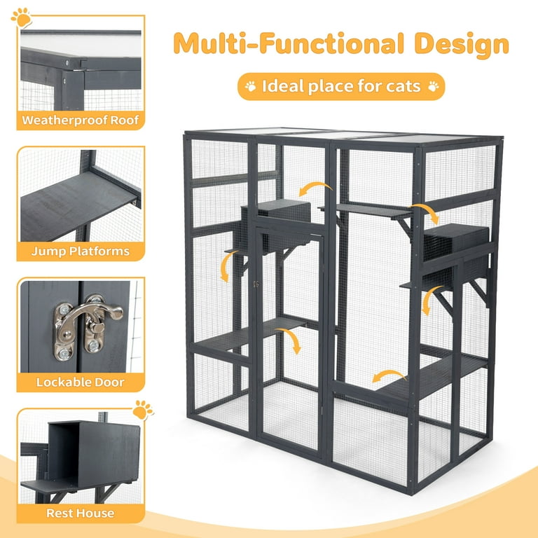 JAXPETY 70 Outdoor Cat House Wooden Cat Enclosure Large Cat Catio with Platforms and Houses Weatherproof Cat Cage Gray