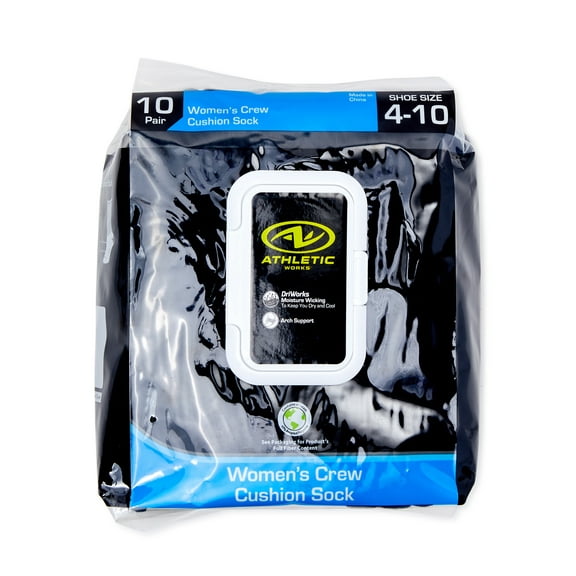 Athletic Works Women's Crew Socks with Cushion and Arch Support, 10-Pack, Size 4-10