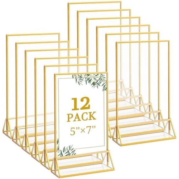 12 Pack 5x7 Inch Clear Acrylic Sign Holders, Double-Sided Gold Display Stand Picture Frames for Table Numbers, Menus, Flyers, Weddings, and Offices