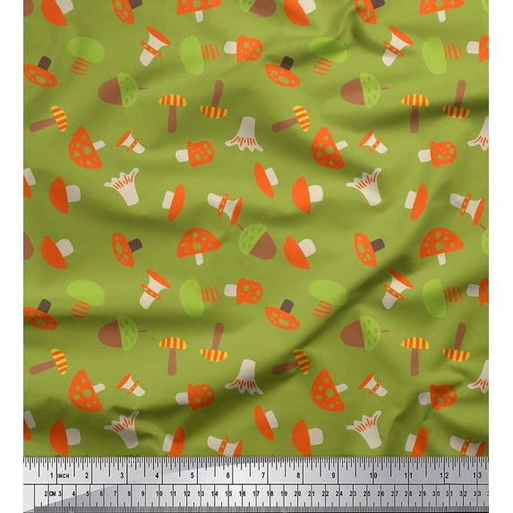 Soimoi Green Silk Fabric Oaknut & Mushroom Clip Art Printed Fabric 1 Yard 42 Inch Wide