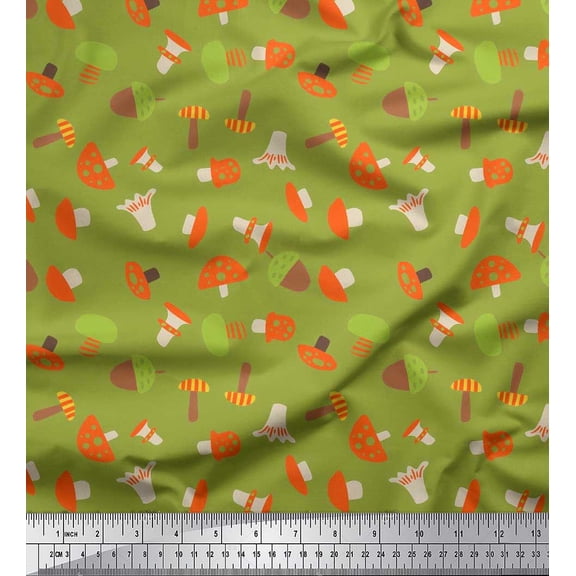 Soimoi Green Silk Fabric Oaknut & Mushroom Clip Art Printed Fabric 1 Yard 42 Inch Wide