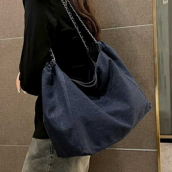 Xiaocao8 Denim Hobo Bags with Chain, Large Canvas Shoulder Bag for Women Girls Casual Jean Tote Purse Bag for School Travel Work, Dark Blue