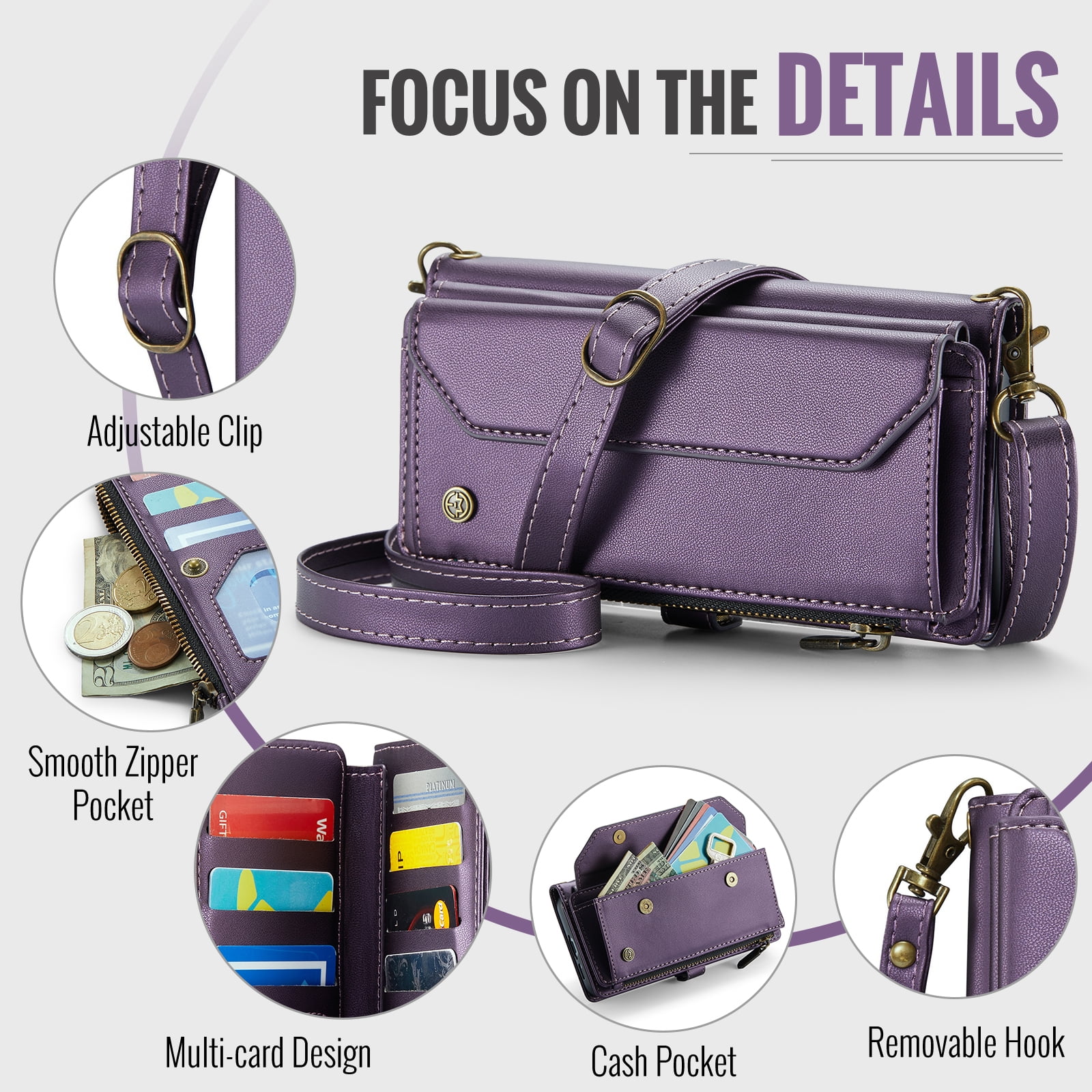 for Samsung Galaxy Note 20 Ultra Full Body Protection Wallet Folio Flip Case, Shoulder Strap & Wristlet Card Slots Zipper Pocket RFID Blocking Rugged Durable PU Leather Phone Case Cover, Purple