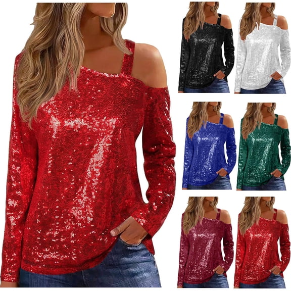 Laqbezok Sexy Night Out Sparkly One Shoulder Top, Women's Sequin Long Sleeve Glitter Blouse, Elegant Evening Party Outfit