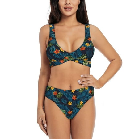 Swim Suits for Women 2024 Bikini - Hawaiian Style Leaves Flower Soft Stretchy High Waisted Bikini Sets for Women