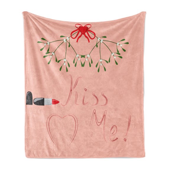 Kiss Me Soft Flannel Fleece Throw Blanket, Christmas Themed Mistletoe Motif with Lipstick Words Romantic Design, Cozy Plush for Indoor and Outdoor Use, 50" x 60", Blush Vermilion Green, by Ambesonne