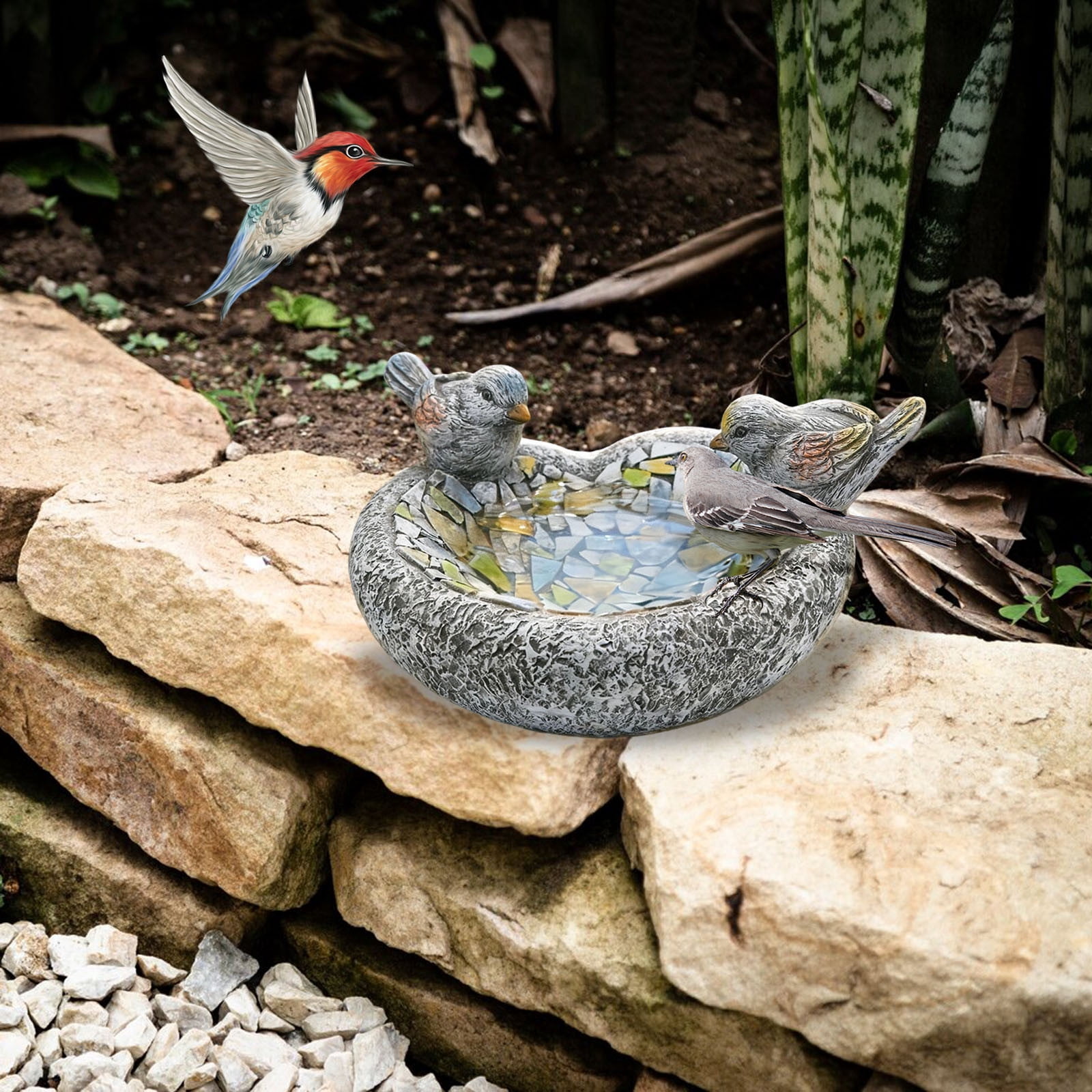 Diceymbol Mosaic Stone Bird Feeder Outdoor Standing Wild Bird Feeder With Dual Bird Figurines Weatherproof Resin Feeder For Garden Patio Yard And Backyard Bird Watching