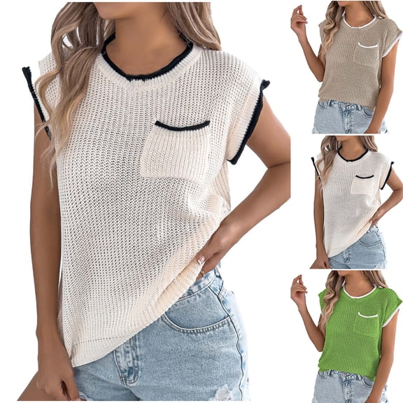 Horkkom Short Sleeve Sweater for Women Crew Neck Color Block Pullover Sweaters Summer Casual Tops with Pocket L