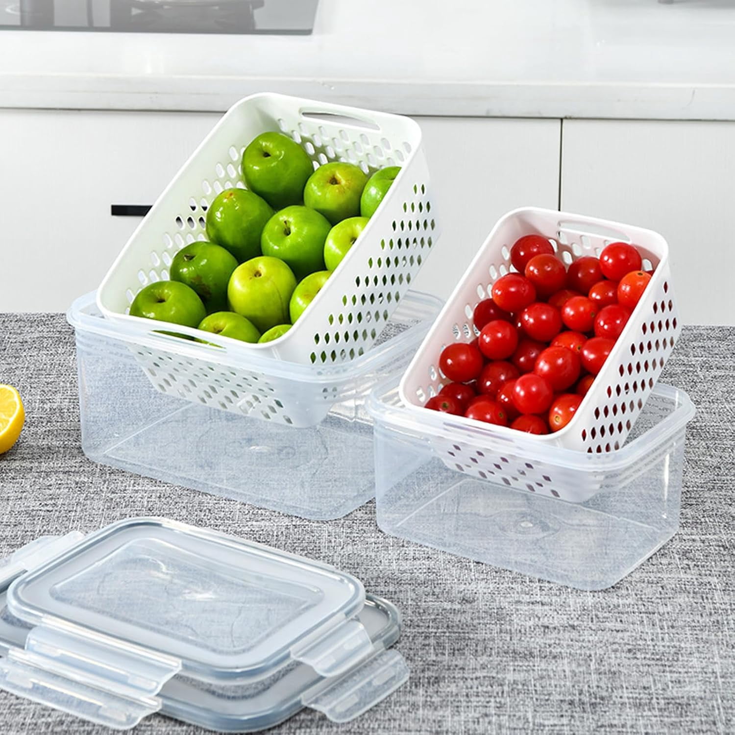 Fruit Storage Containers for Fridge, Household Transparent Food Storage Box-including Drain Basket, 4 in 1 Produce Containers,
