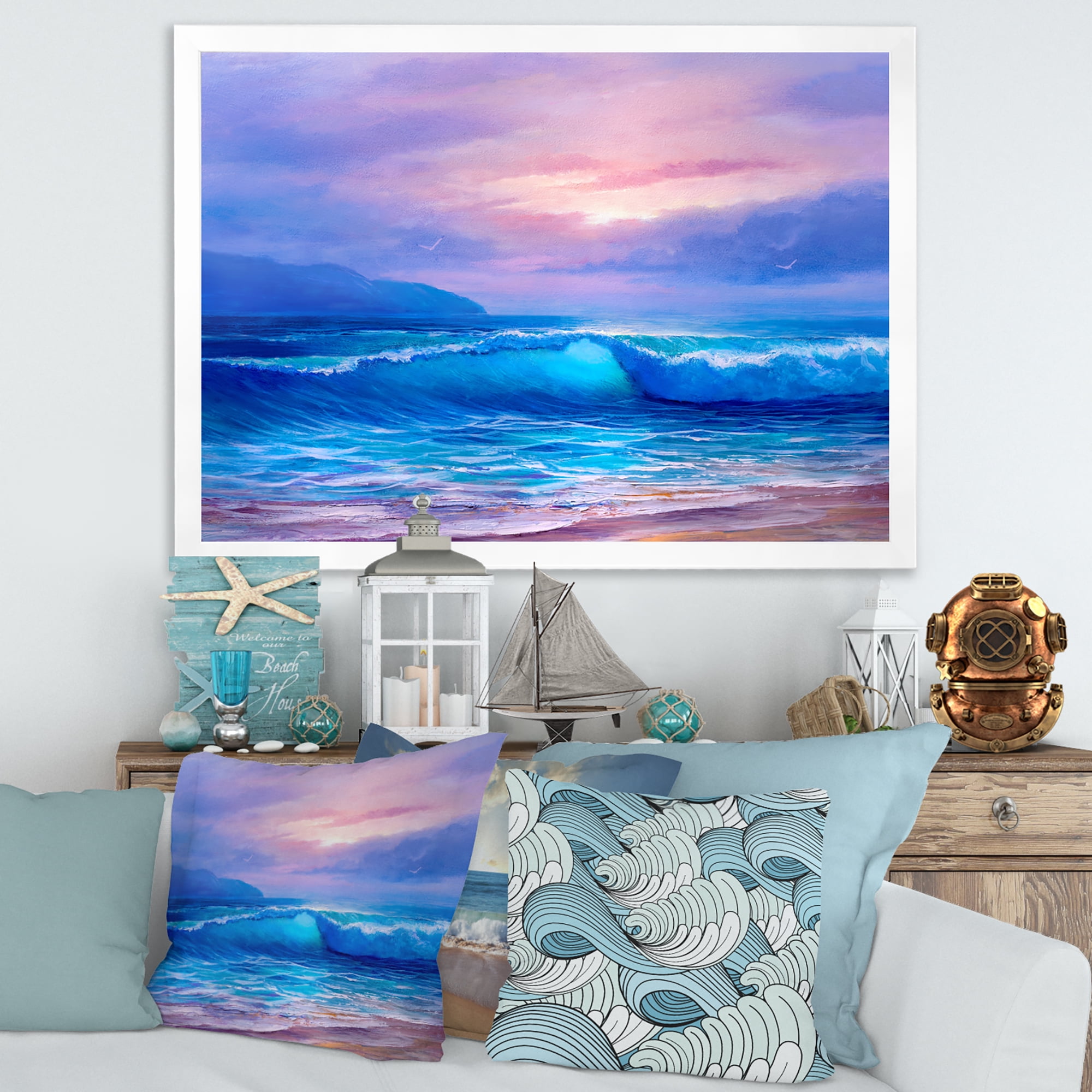 Designart 'The Sea By The Beach With Golden Sunset' Nautical & Coastal Framed Art Print