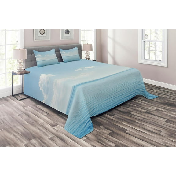 Ambesonne Blue White Quilted Coverlet 3 Pcs, Tropical Landscape, Queen Size, Blue White