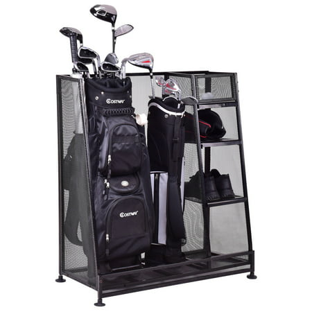 Goplus Dual Golf Organizer Storage Rack Fit 1-2 Golf Bags Clubs
