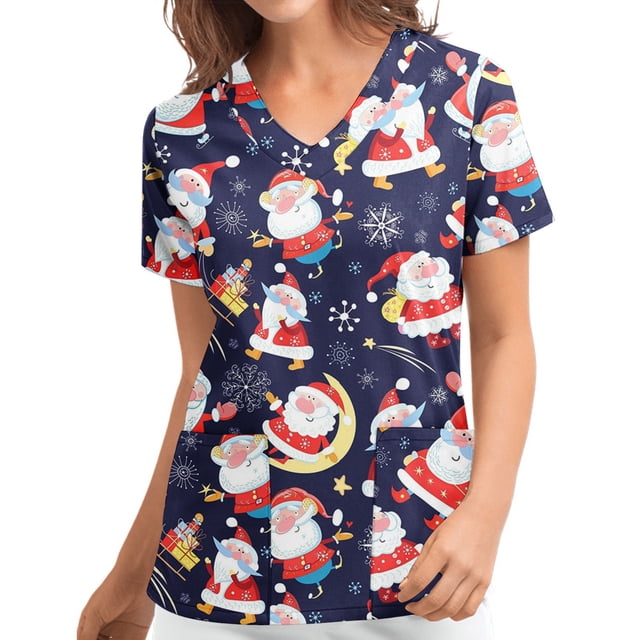 Puntoco Blusa de manga corta con cuello en V para mujer, uniforme con bolsillos estampados de Navidad Puntoco Puntoco-7165