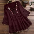 thumbnail image 2 of JUUYY Western Shirts for Women Plus Size Vintage Boho Floral Printed Bow Keyhole V Neck Lace Crochet Patchwork Embroidery Tops Retro Three Quarter Blouse Wine XL, 2 of 7