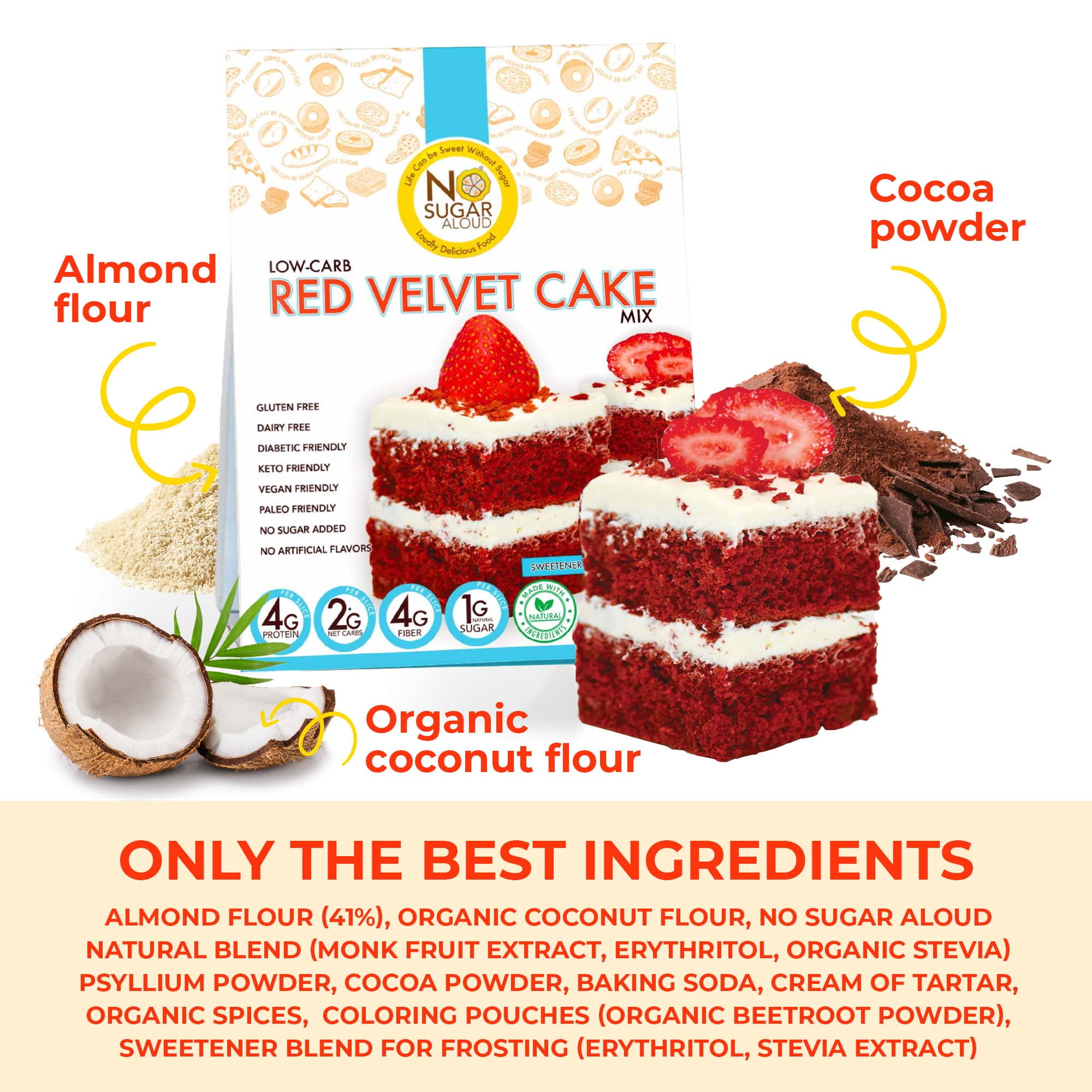 No Sugar Aloud - Low Carb Red Velvet Cake Baking Mix (Keto, Vegan, Gluten Free, No Added Sugar, High Protein, High Fiber, Diabetic Friendly)