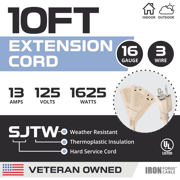 OTGFRF-Iron Forge Cable Weatherproof 10 Ft Outdoor Extension Cord - 3 Outlet 16/3 SJTW Heavy Duty Light Brown Extension Cord 3 Prong - 13 Amp Power Cable