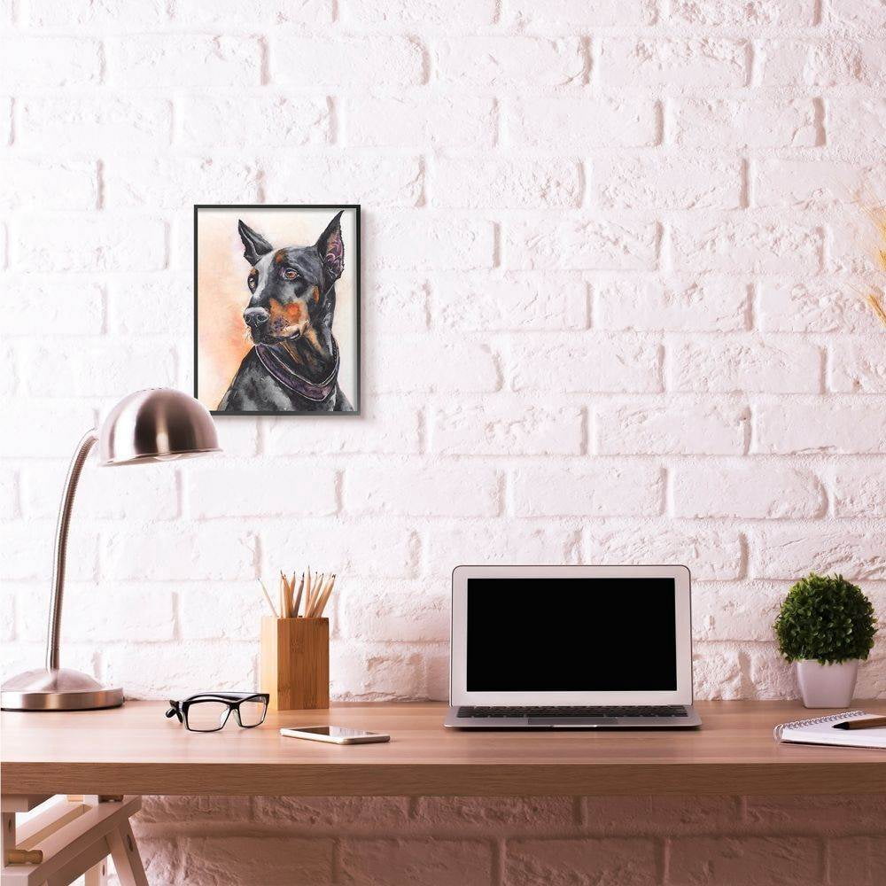 Stupell Industries Doberman Dog Pet Animal Watercolor Painting Framed Giclee Texturized Art by George Dyachenko