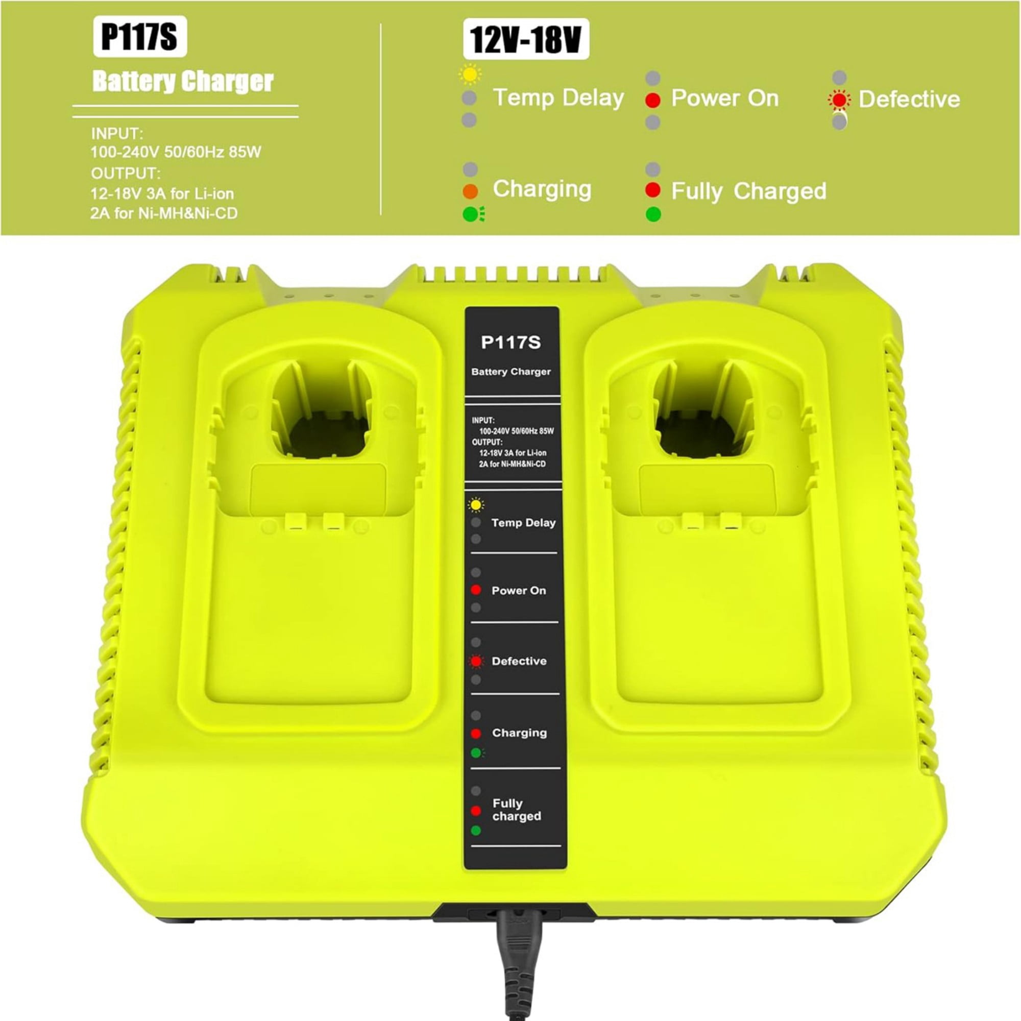 18V Fast Dual Charger for Ryobi 18V ONE+ Lithium Battery P102 P190 P107 P108