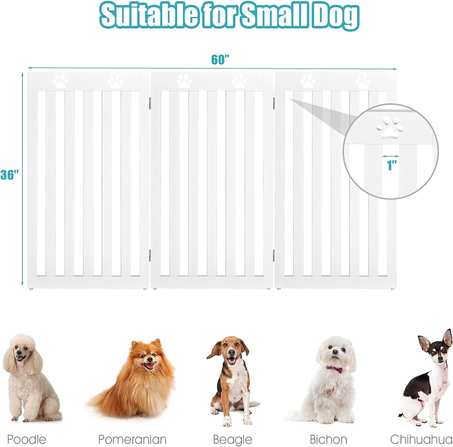 Freestanding Dog Gate, 3 Panel 60 in Wide 36 in Tall Pet Gates for Dogs, Dog Fences Indoor for House, Stairs, Doorways, White