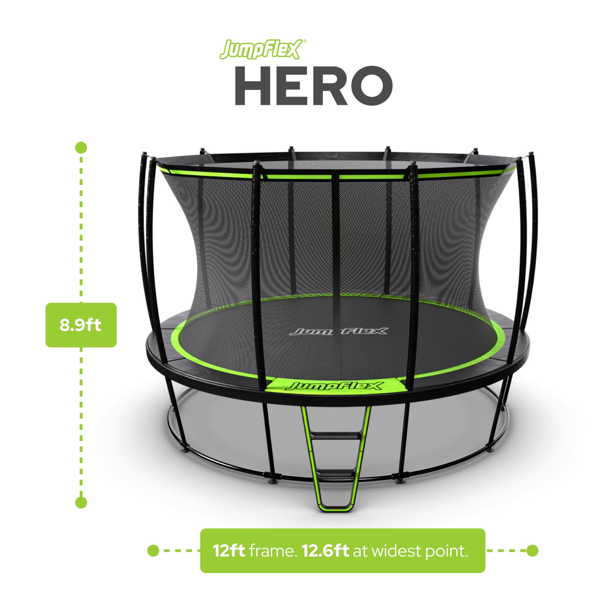 JumpFlex HERO 12' Round Trampoline with Safety Net Enclosure & Net Attachment, Black/Green
