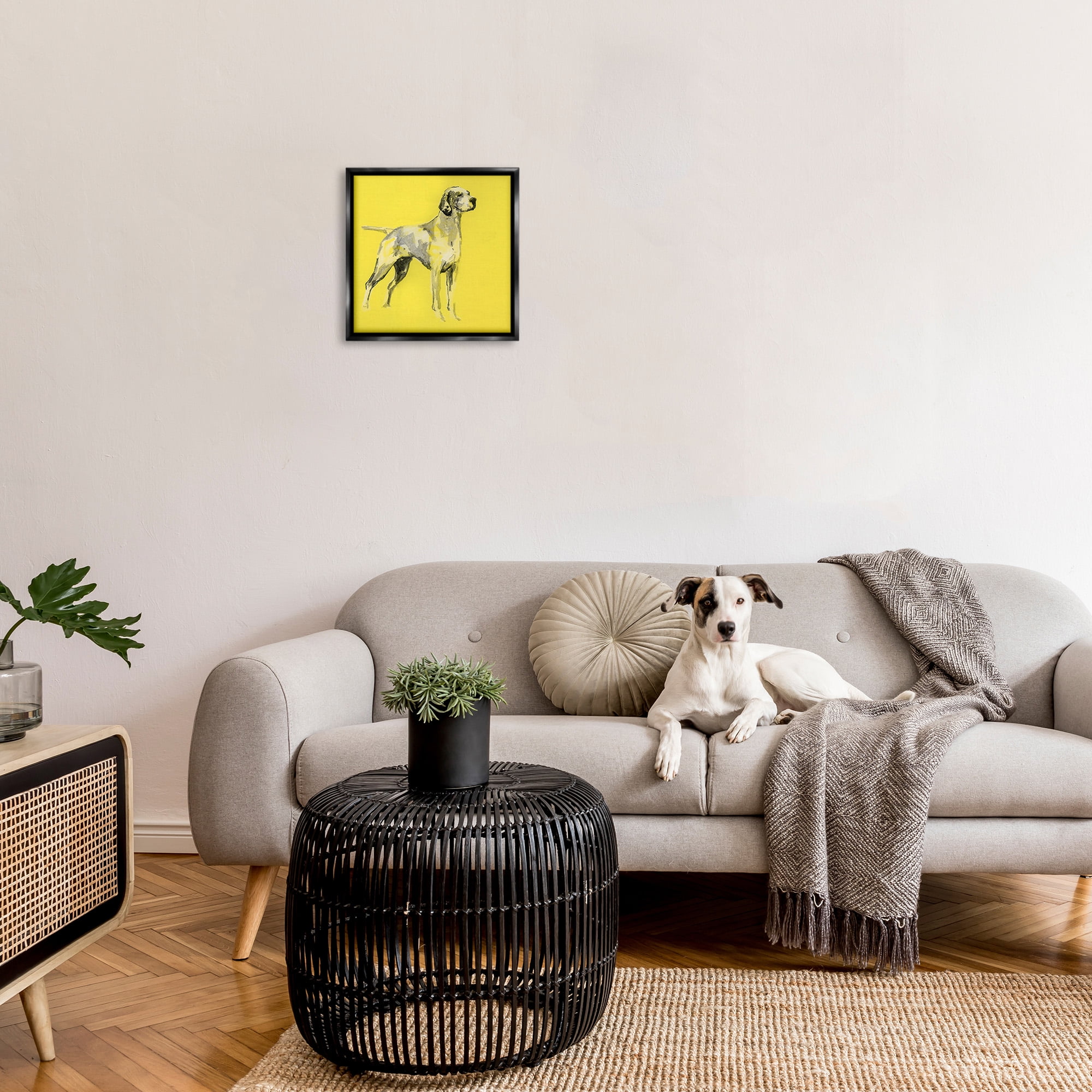 Stupell Industries Modern Dog on Yellow Animals & Insects Painting Black Floater Framed Canvas Art Print Wall Art, 18 x 18