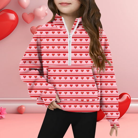 Girls Valentine's Day Zip Up Hoodie Heart Print Pullover with Pocket, Big Kids 6-12, Lightweight Red Pink Half Zip Jacket,Size 5 T