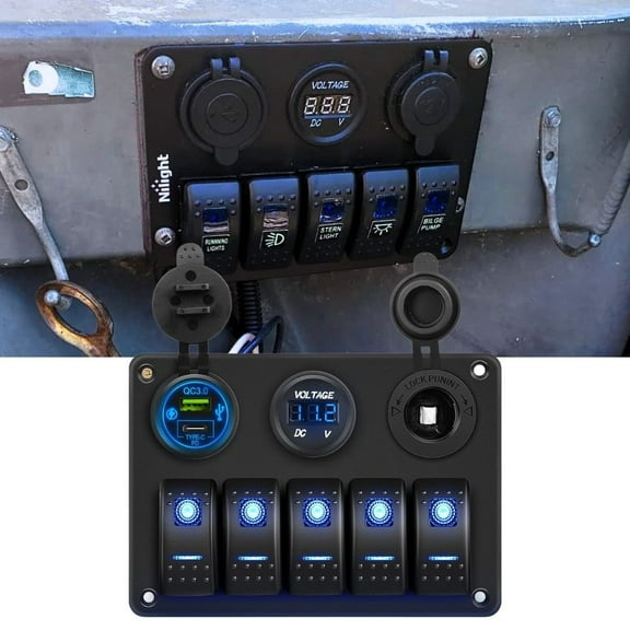 Nilight 5 Gang Blue Rocker Switch Panel Pre-Wired Aluminum Panel with PD Type C and USB Cigarette Lighter Socket Voltmeter 12V 24V on off Toggle Switch Panel for Car Trucks Boats RVs