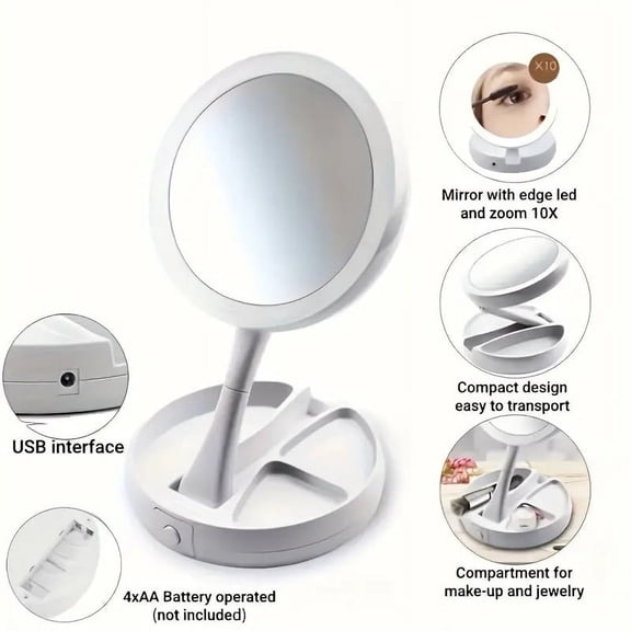 Foldable LED Makeup Mirror with Storage, Dual-Sided 1X/10X Magnification, Adjustable Brightness, Compact Vanity Mirror for Bathroom & Dressing Table