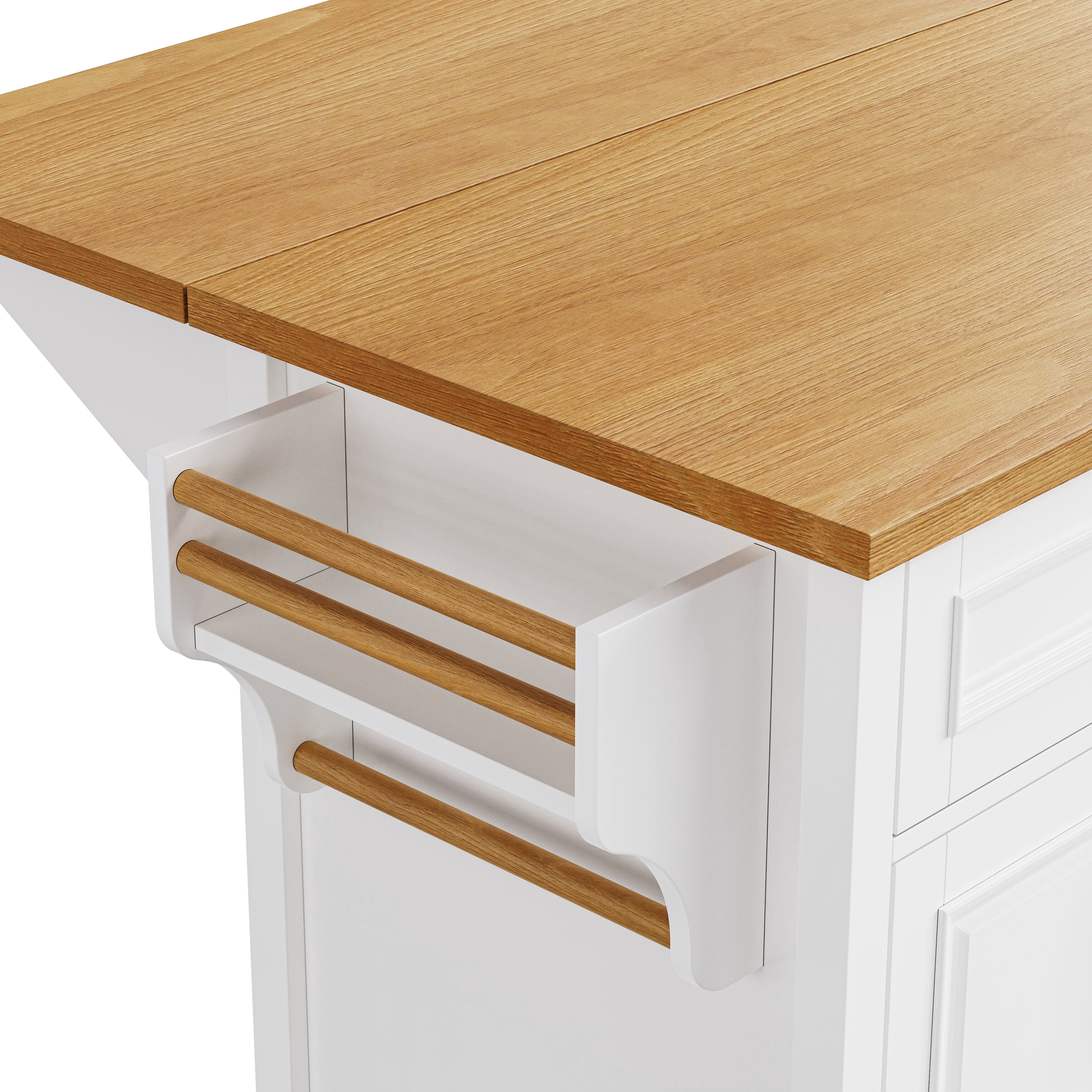 Yoneston 52" Farmhouse Kitchen Island with Drop Leaf and Adjustable Shelf, Multifunctional Kitchen Trolley with Spice Rack, Towel Rack, 2 Doors and 5 Drawers for Kitchen, Dining Room, White