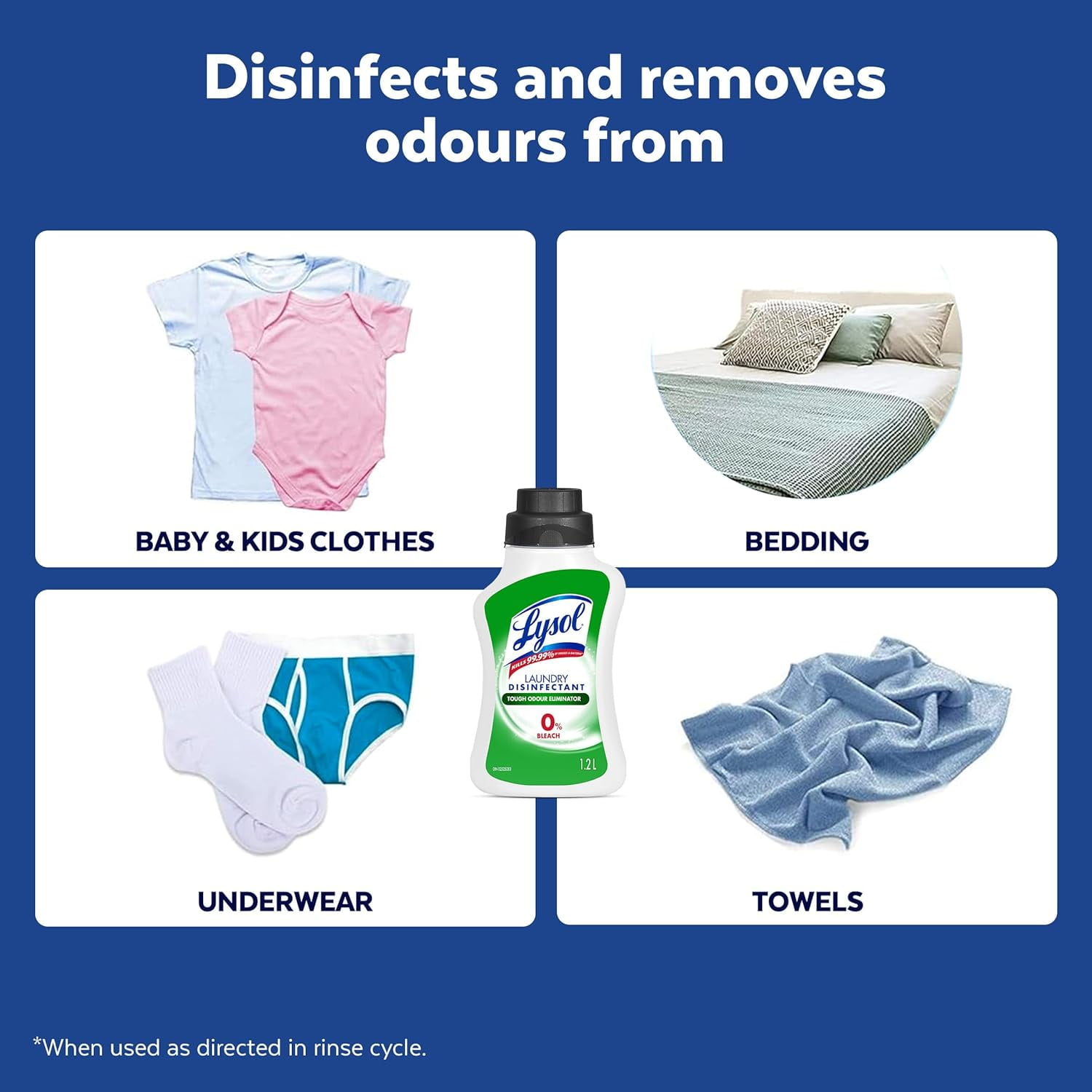 Lysol Désinfectant pour lessive, éliminateur d'odeurs, 0 % d'eau de Javel, élimine les germes que les détergents peuvent laisser derrière eux, 1.2 l