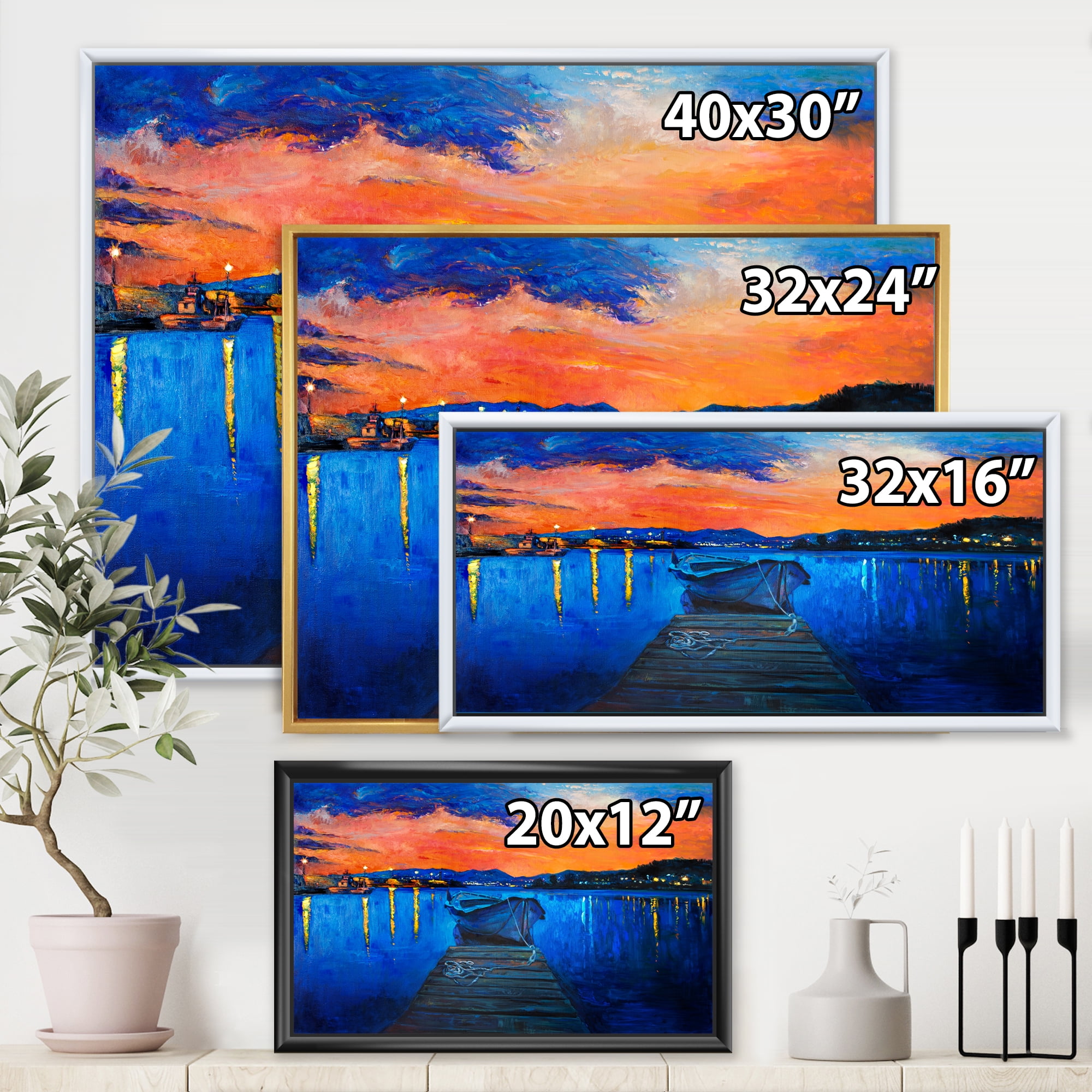 Designart 'Boats During Warm Sunset Resting On The Water III' Nautical & Coastal Framed Canvas Wall Art Print