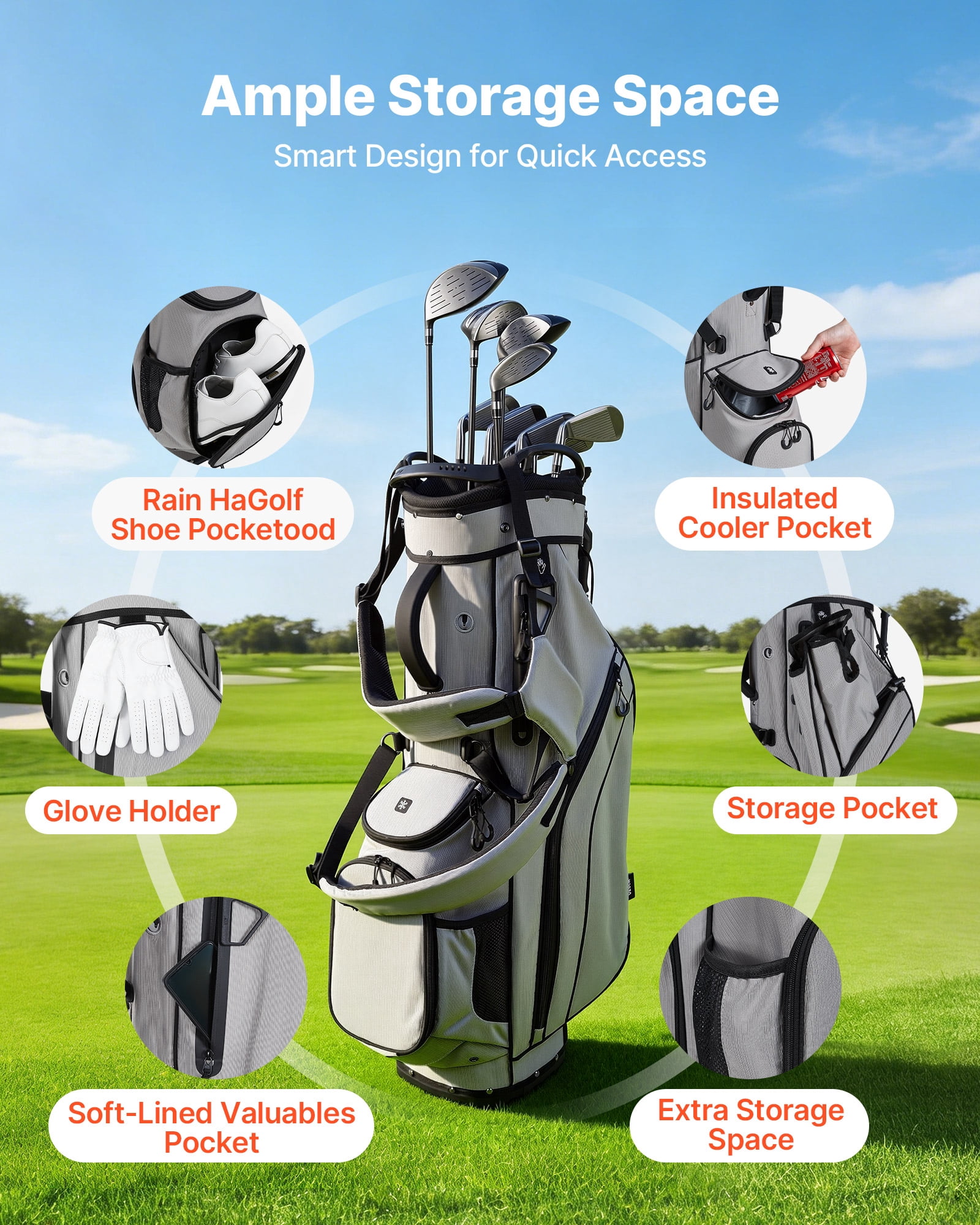 VEVOR Golf Cart Bag, 14 Way Top Divider Organizer, 2-in-1 Golf Club Bag with Full-length Divider, Dual Shoulder Straps, Support Legs, Rain Hood, Storage Pockets, Lightweight Polyester for Men & Women