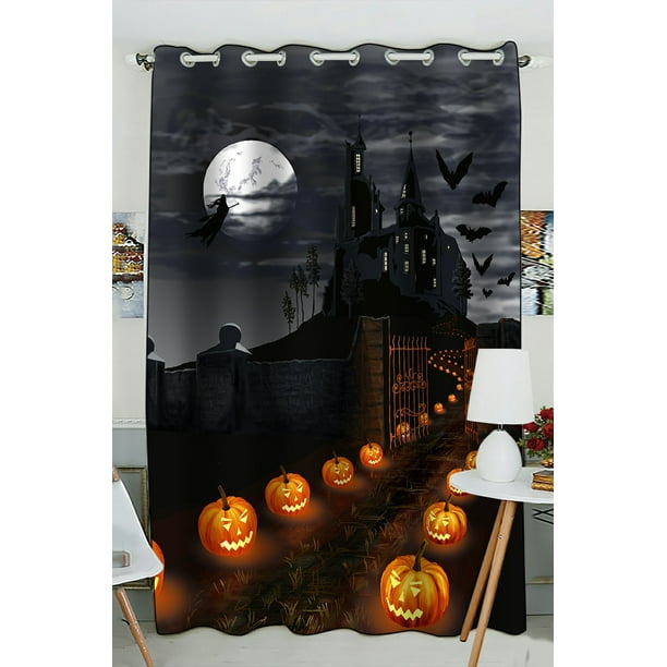 Phfzk Full Moon Window Curtain, Halloween Wizard Pumpkin Castle Window