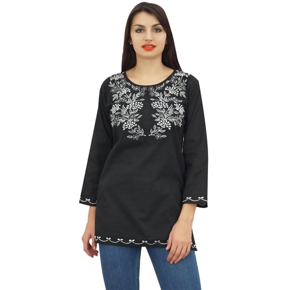 Phagun Women's Black Floral Embroidery Full Sleeves Casual Tunic Summer Top-16