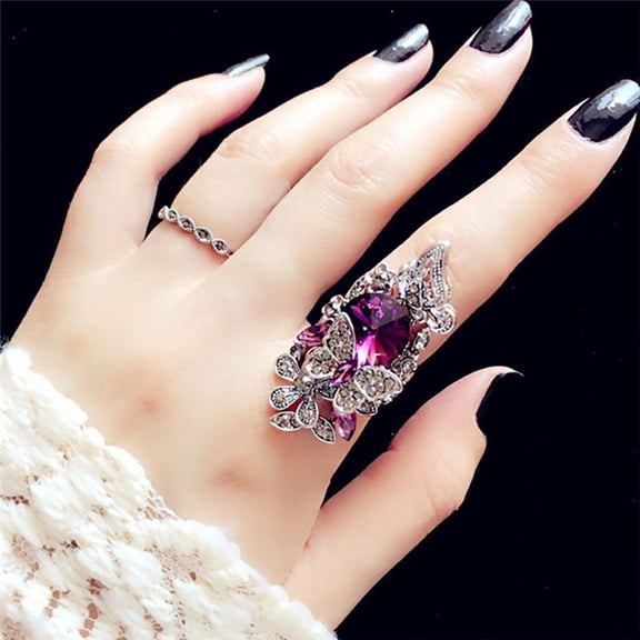 Crystal Butterfly Ring Set Geometric Alloy Rings Artificial Gemstones Electroplated Finish Purple Blue Fine Gems