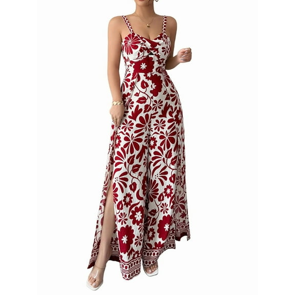 2025 Spring and Summer Temperament Elegant Twisted Print Small Suspender Wide Leg Jumpsuit Long Pants Women'S Red L
