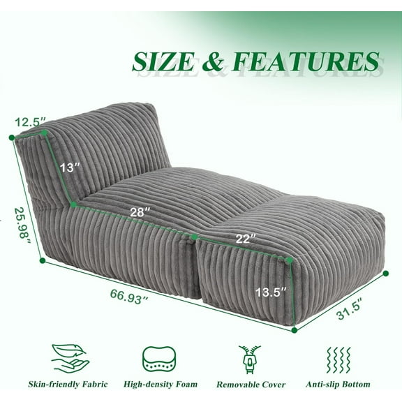 Big Bean Bag Lounger Chairs Large Beanbag Chair for Adults Bean Bag Sofa with Memory Foam Filled for Living Room, Bedroom or Balcony (Stripe Grey)