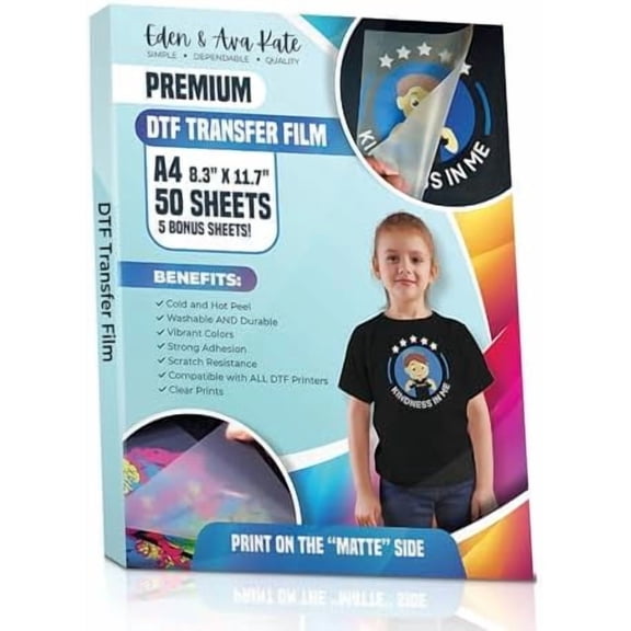 DTF Transfer Film for Sublimation (8.3" x 11.7", A4) - 50 PET Film Transfer Papers w/ 5 Bonus Sheets - DTF Transfer Film w/Matte Film - Washable & Durable DTF Transfer Sheets$$Art & Craft