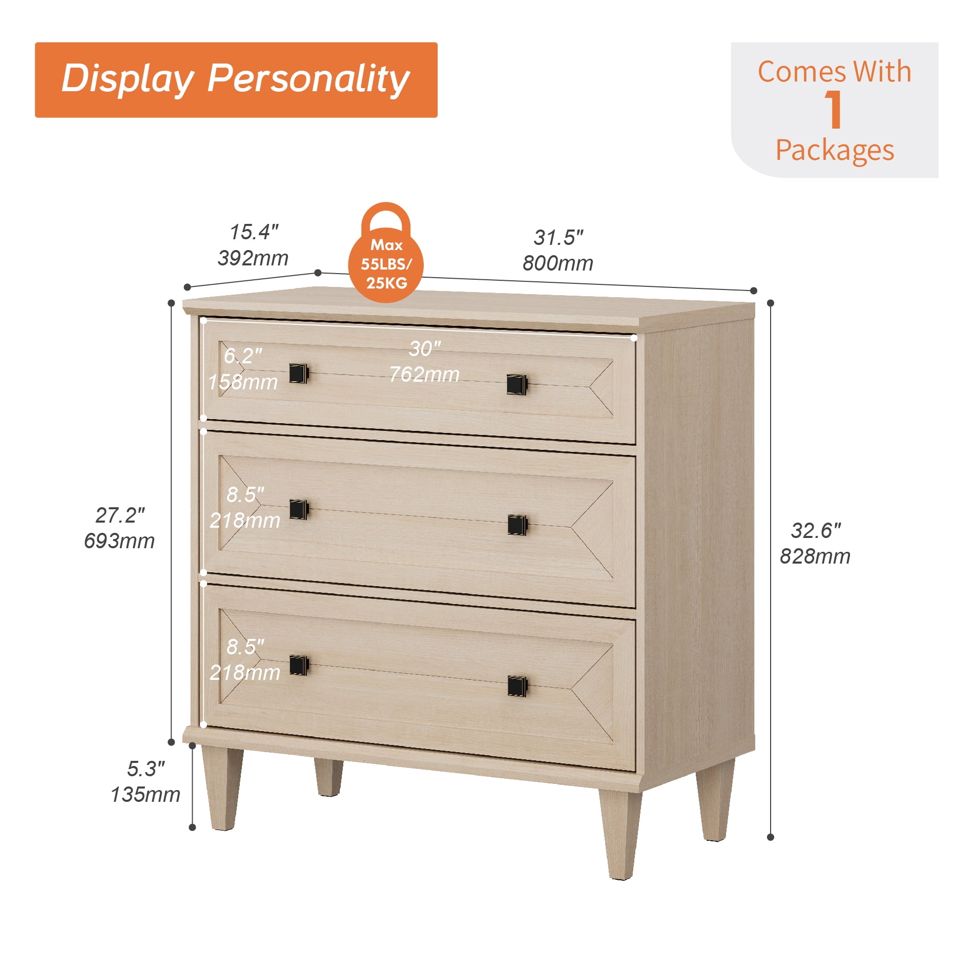WAMPAT Handmade Patchwork 31.5" TV Stand with 3 Drawers, Fits up to 36" TV, Beige