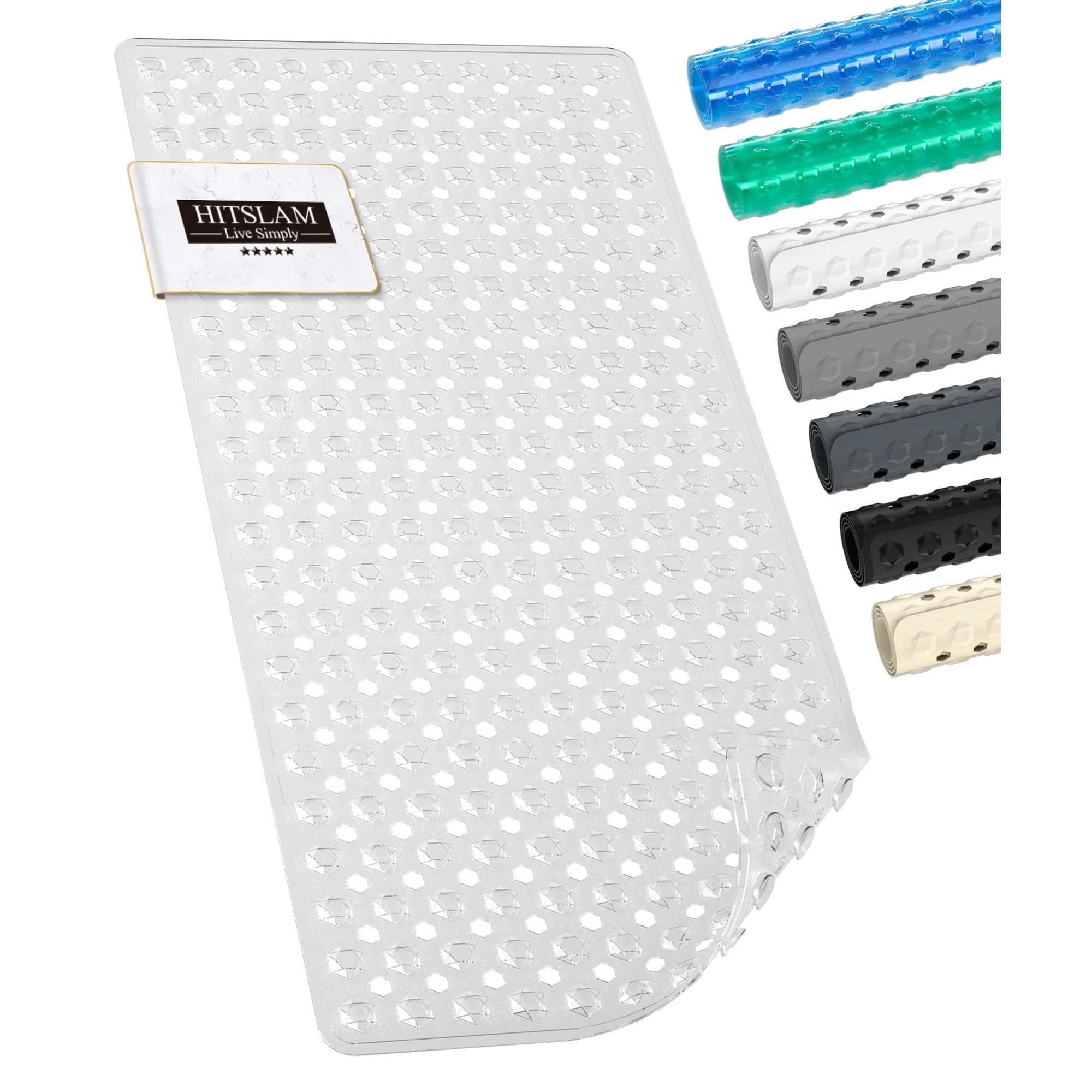 HITSLAM Bath Tub Shower Mat,35"x16" Washable Bathtub Mats,Suction Cups and Drain Holes to Keep Tubs Clean,Clear