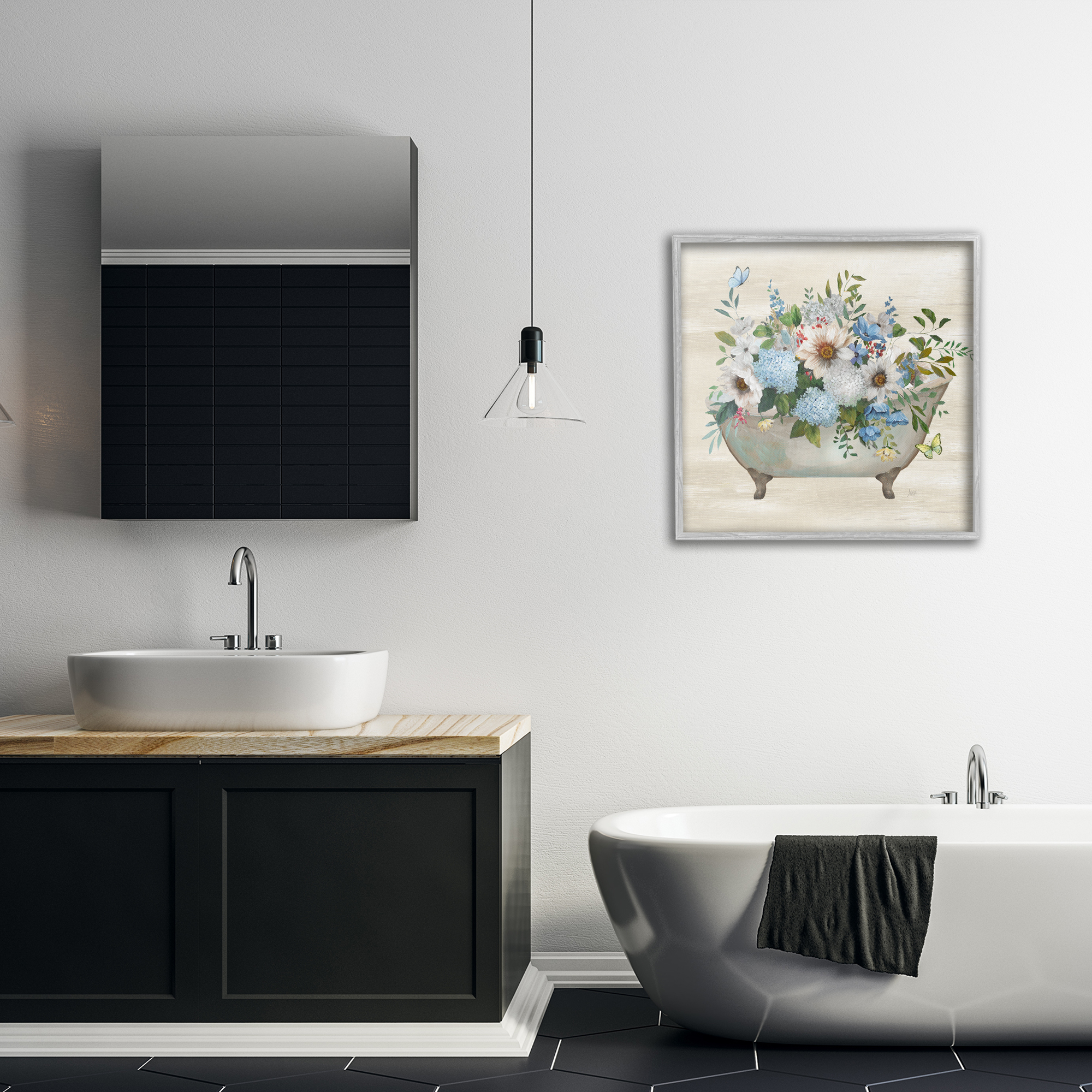 Stupell Industries Floral Bouquet Bathtub Typography Painting Gray Framed Art Print Wall Art, 24 x 24