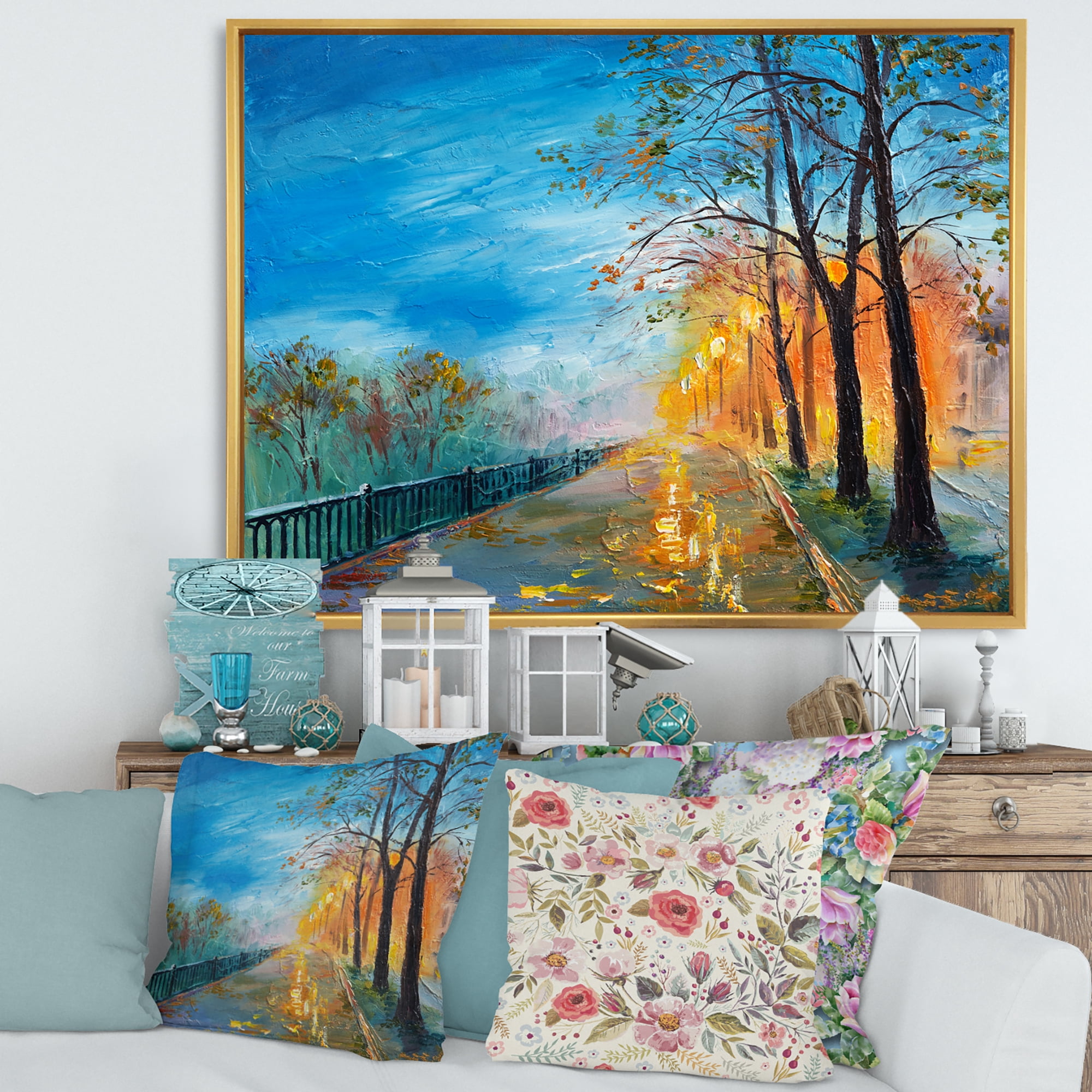Autumn Road in Evening 20 in x 12 in Framed Painting Canvas Art Print, by Designart