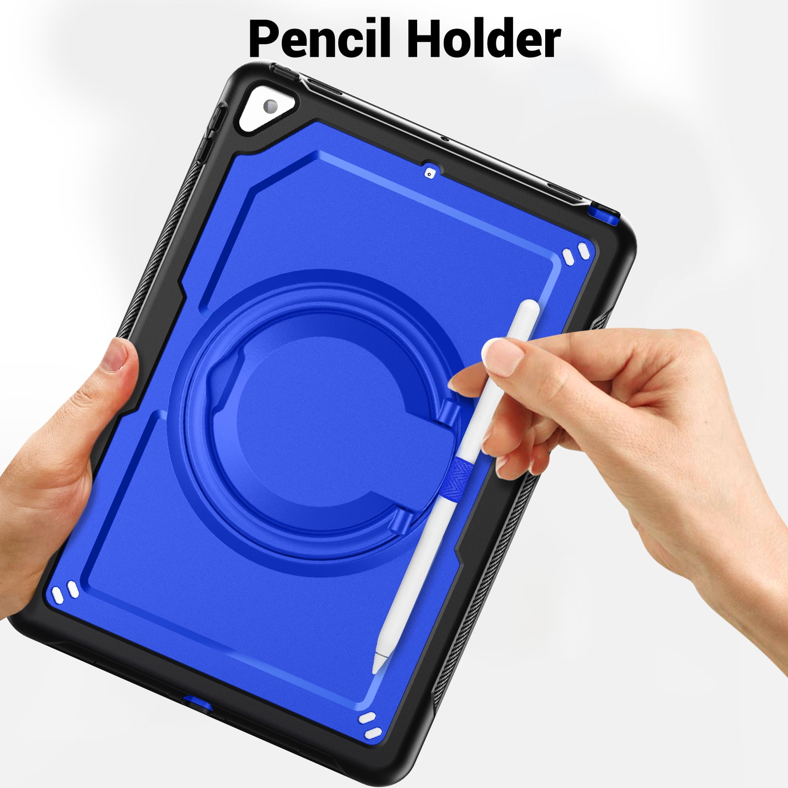 Shockproof Case for Apple iPad 9th 8th 7th Gen 10.2 Inch, Hybrid Protective Cover with Pencil Holder & Shoulder Strap Kids Friendly Rotating Kickstand Case for iPad 10.2" 2021/2020/2019,Darkblue