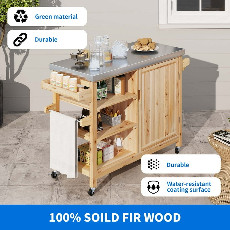 Uforic Outdoor Grill Table Solid Wood Storage Cabinet, Rolling