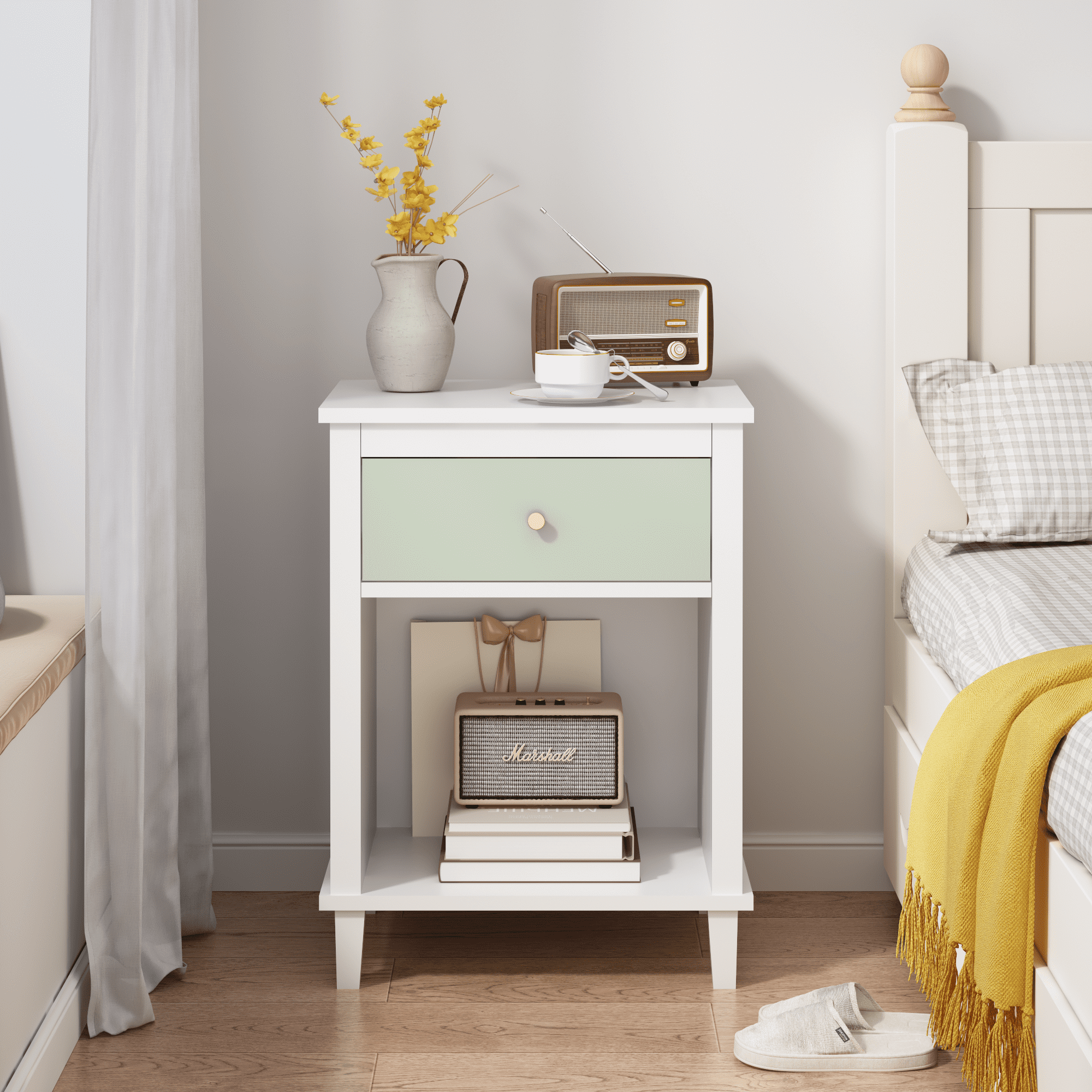 26.77"H Wooden Nightstand with One Drawer One Shelf for Kids, Adults, Sage+Golden handle