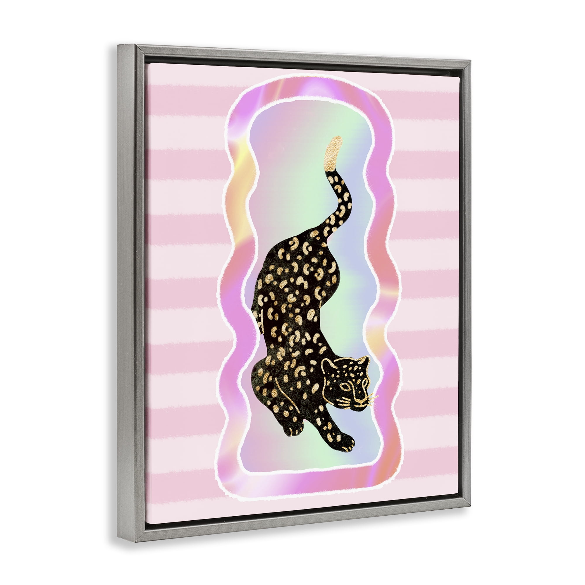 Stupell Industries Leopard & Pink Stripes Animals & Insects Painting Gray Floater Framed Canvas Art Print Wall Art, 17 x 21