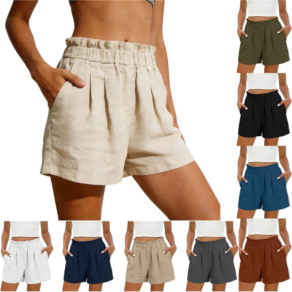 Bloomae Linen Shorts for Women Summer Casual Elastic High Waisted Wide Leg Cute Dressy Workwear Shorts Trendy Solid Color Vacation Beach Short Pants with Pockets Beige XL